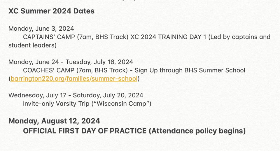 Broncos Distance (@barringtonxc) on Twitter photo If you’re planning on running XC this fall at Barrington, and you’re not already, get out to the BHS track at 7am starting this week for Captains’ Camp! Swipe to see important team summer dates as well. Veteran runners are eager to show any newbies the ropes. If you’re planning on running XC this fall at Barrington, and you’re not already, get out to the BHS track at 7am starting this week for Captains’ Camp! Swipe to see important team summer dates as well. Veteran runners are eager to show any newbies the ropes.