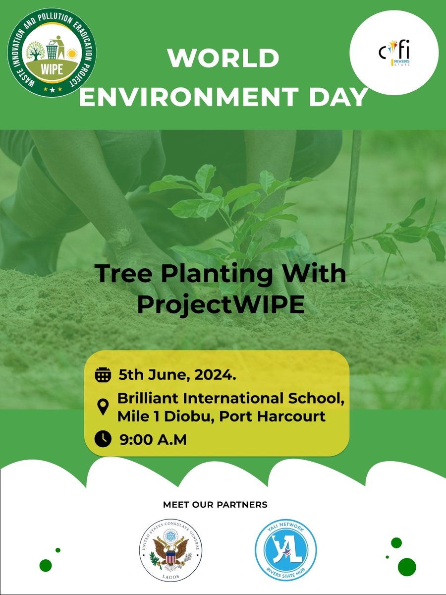 Cyfi_Rivers's tweet photo. ProjectWIPE is committed to eradicating pollution from the environment. Join us for our tree planting event on this year's World Environment Day. https://t.co/agylndGW9T