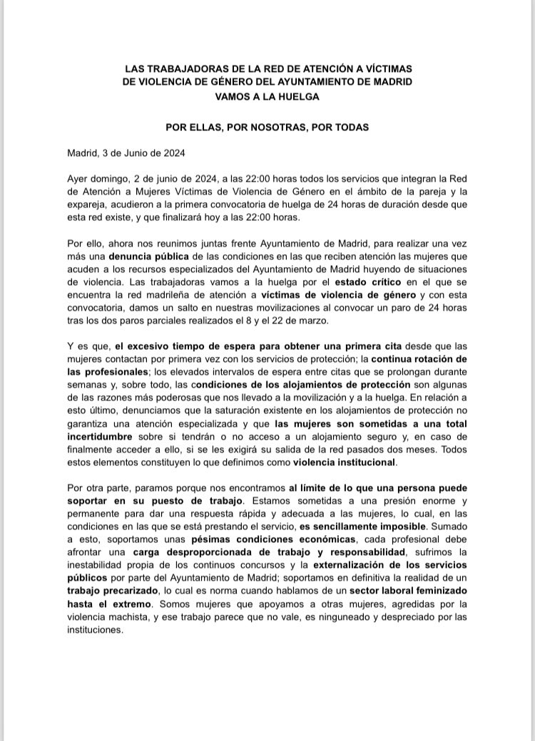 TrabajadorasVG's tweet photo. ⚡️Finaliza la primera huelga de trabajadoras de la red de atención a mujeres víctimas de violencia machista del @MADRID
⚡️Celebramos un seguimiento estimado del 90%. Gracias  🫶
⚡️Compartimos el comunicado. Por ellas, por nosotras, por todas🔥
#3JunioHuelgaVG 
#LaRedNoSOStiene https://t.co/qpQXrYWyxk