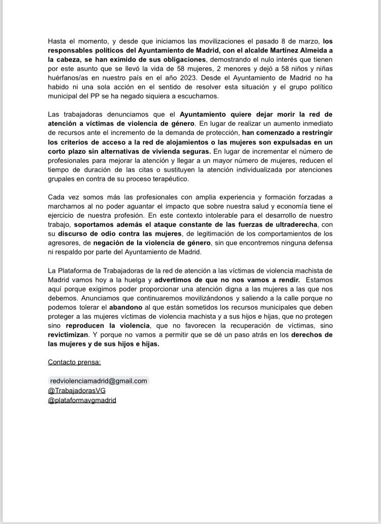 TrabajadorasVG's tweet photo. ⚡️Finaliza la primera huelga de trabajadoras de la red de atención a mujeres víctimas de violencia machista del @MADRID
⚡️Celebramos un seguimiento estimado del 90%. Gracias  🫶
⚡️Compartimos el comunicado. Por ellas, por nosotras, por todas🔥
#3JunioHuelgaVG 
#LaRedNoSOStiene https://t.co/qpQXrYWyxk