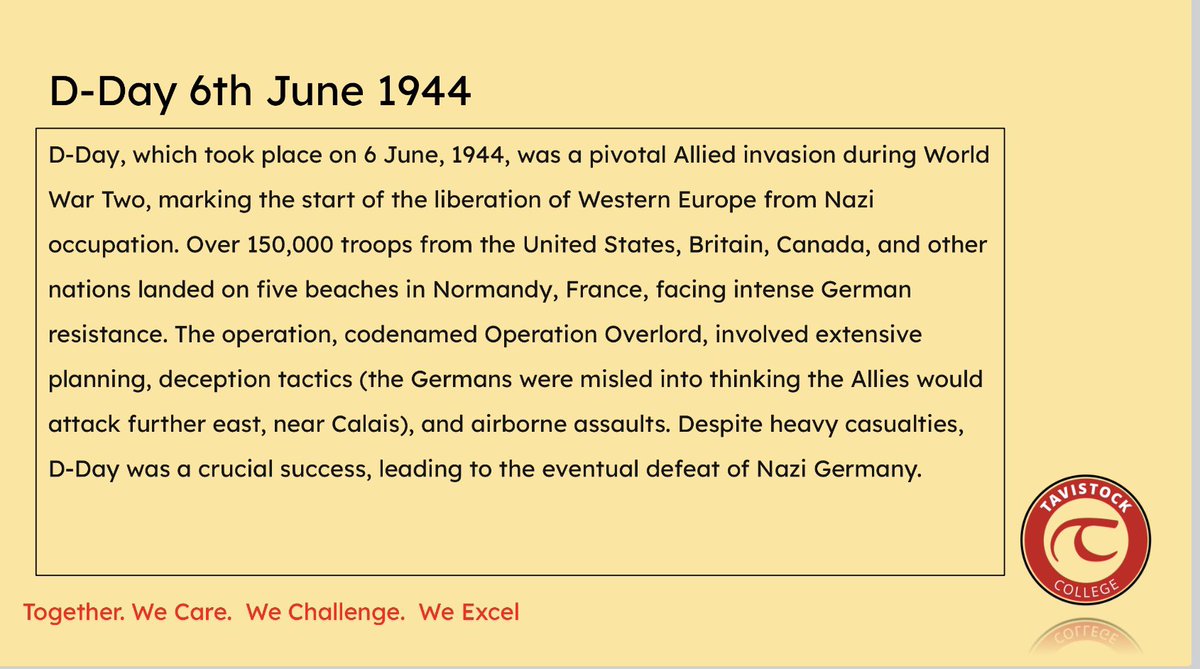 CollegeTavi's tweet photo. This week our Personal Development focus is on the 80th anniversary of the D-Day landings. @DartmoorMAT https://t.co/L3Mki5DBEz
