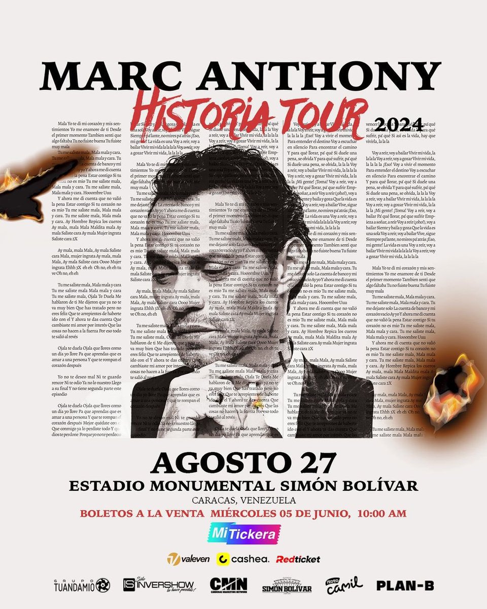 ConcertsMusicVe's tweet photo. El Rey de la Salsa, productor y compositor estadounidense @MarcAnthony nos dice pa’lla voy Venezuela a vivir, gozar y reír con “Historia Tour 2024”. Entradas por @mitickera, @somoscashea, Redticket, Camil Deli y Valeven 🇺🇸🤩

🗓️ 27 de Agosto
📍 Estadio Monumental “Simón Bolívar” https://t.co/ioih724UfI