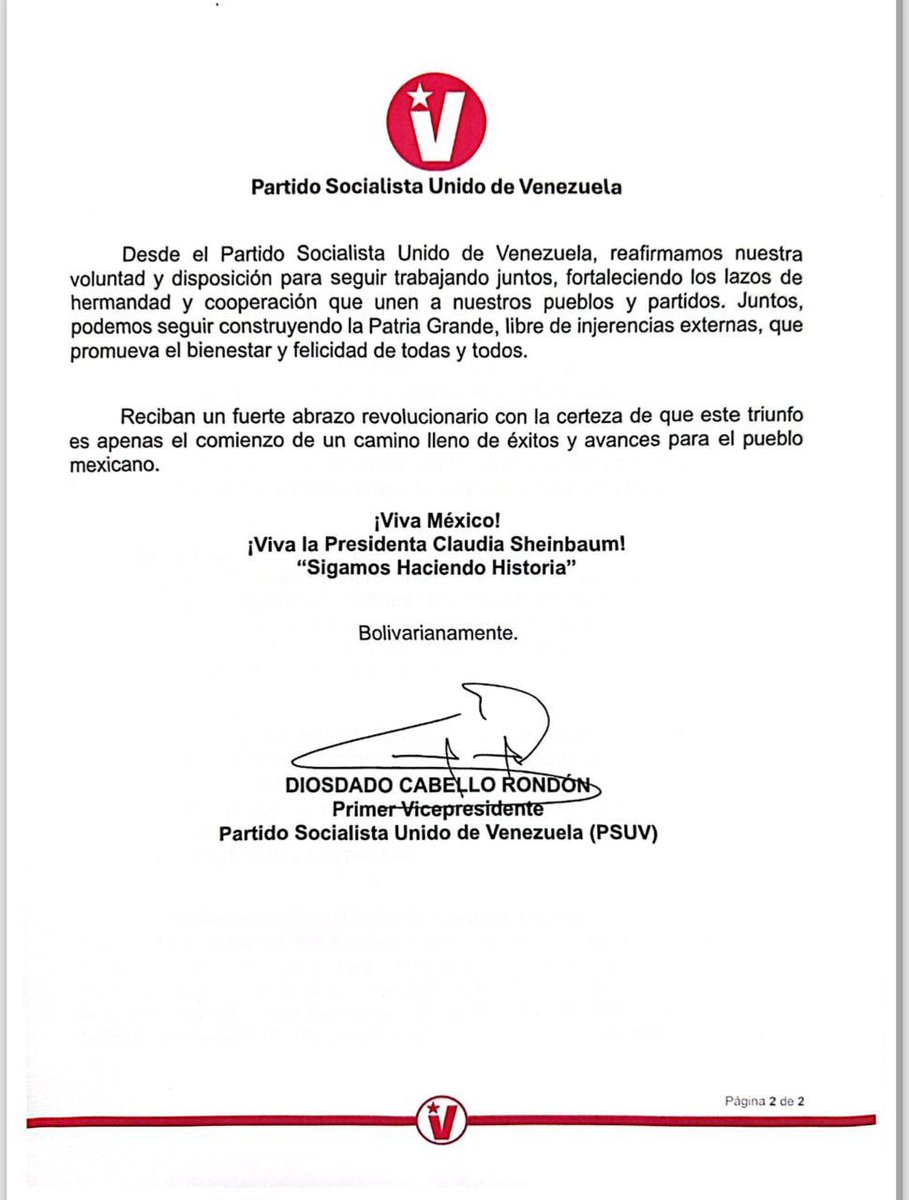 El <a href="/PartidoPSUV/">PSUV</a> felicita a <a href="/Claudiashein/">Claudia Sheinbaum Pardo</a>, primera mujer en alcanzar la presidencia de México y celebra junto al Pueblo Mexicano, al <a href="/PartidoMorenaMx/">Morena</a> y al <a href="/PTnacionalMX/">Partido del Trabajo México</a> esta contudente victoria que impulsará el proyecto de la 4ta transformación. ¡Viva México! #HaciendoHistoria