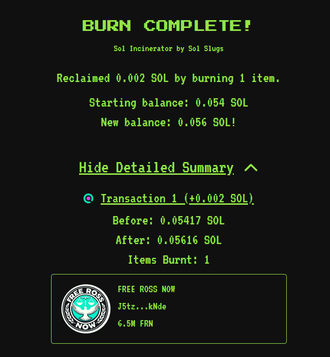 FreeRossNow's tweet photo. So, in an epic play, @FluxBeamDEX has added a "Harvest All" option on the #SPL22 fee manager page!
This is going to save @TechDruidKenny and many other devs untold hours; thanks #Fluxbeam!
To celebrate, we burned the first batch, 6.5M $FRN.
That's just over 1.5% of our supply! https://t.co/rCToNL9AwA