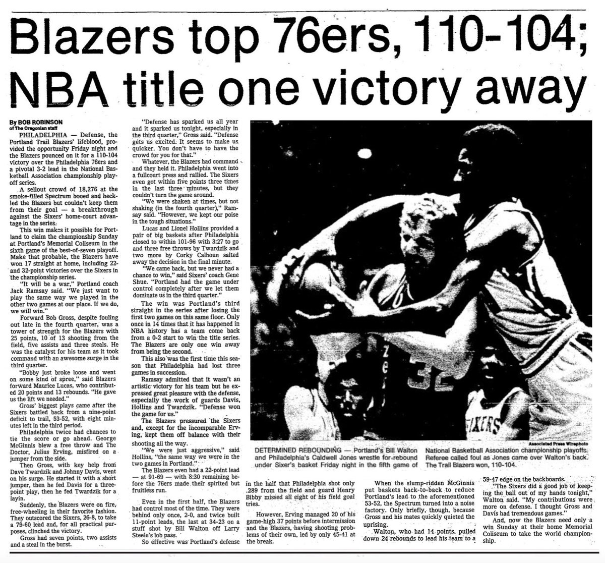 77Blazers's tweet photo. June 3, 1977 - The @trailblazers pull off the Game 5 win vs the @sixers. 

#BobbyGross led the #Blazers with 25 points in the win with #MauriceLucas getting 20 more points and grabbing 13 rebounds.

#RipCity #ThisDateinBlazersHistory https://t.co/T1pQbJonAi