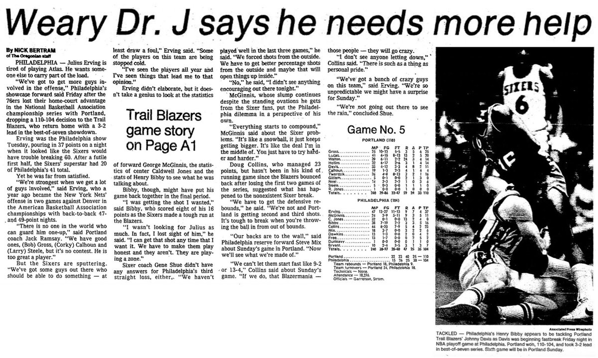 77Blazers's tweet photo. June 3, 1977 - The @trailblazers pull off the Game 5 win vs the @sixers. 

#BobbyGross led the #Blazers with 25 points in the win with #MauriceLucas getting 20 more points and grabbing 13 rebounds.

#RipCity #ThisDateinBlazersHistory https://t.co/T1pQbJonAi