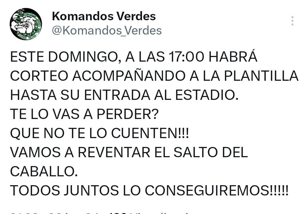 16:45 HORA DE QUEDADA EN PUERTAS DEL ANEXO.

ACOMPAÑAREMOS AL EQUIPO HASTA LAS PUERTAS DEL FONDO O VESTUARIOS (SEGUN POR DONDE ENTREN AL ESTADIO)

QUE NO TE LO CUENTEN!!!!
