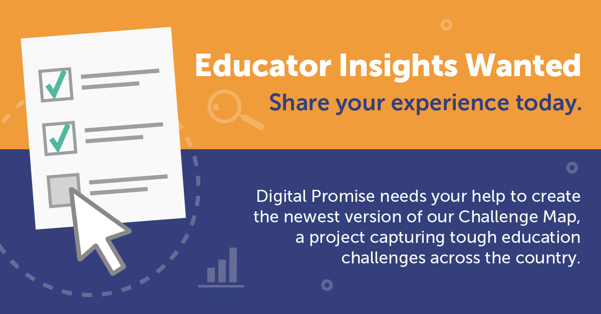 DigitalPromise's tweet photo. Calling all educators! Digital Promise needs your help to create the newest version of our Challenge Map, a project capturing tough education challenges across the country.

Fill out this survey today to contribute: https://t.co/zGpWZ8iQyx https://t.co/JY176IO75w