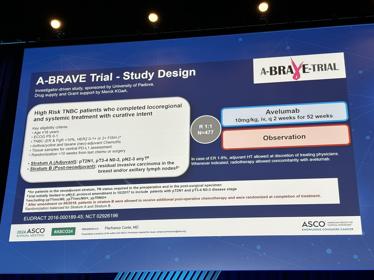 matteolambe's tweet photo. First oral abstract presentation at #ASCO24 by Prof Conte 🇮🇹 showing potential role of adjuvant #avelumab in patients with high-risk triple-negative early #BreastCancer (mostly no pCR after neoadjuvant chemotherapy) 
@OncoAlert #bcsm https://t.co/UxuFPi5Ww0