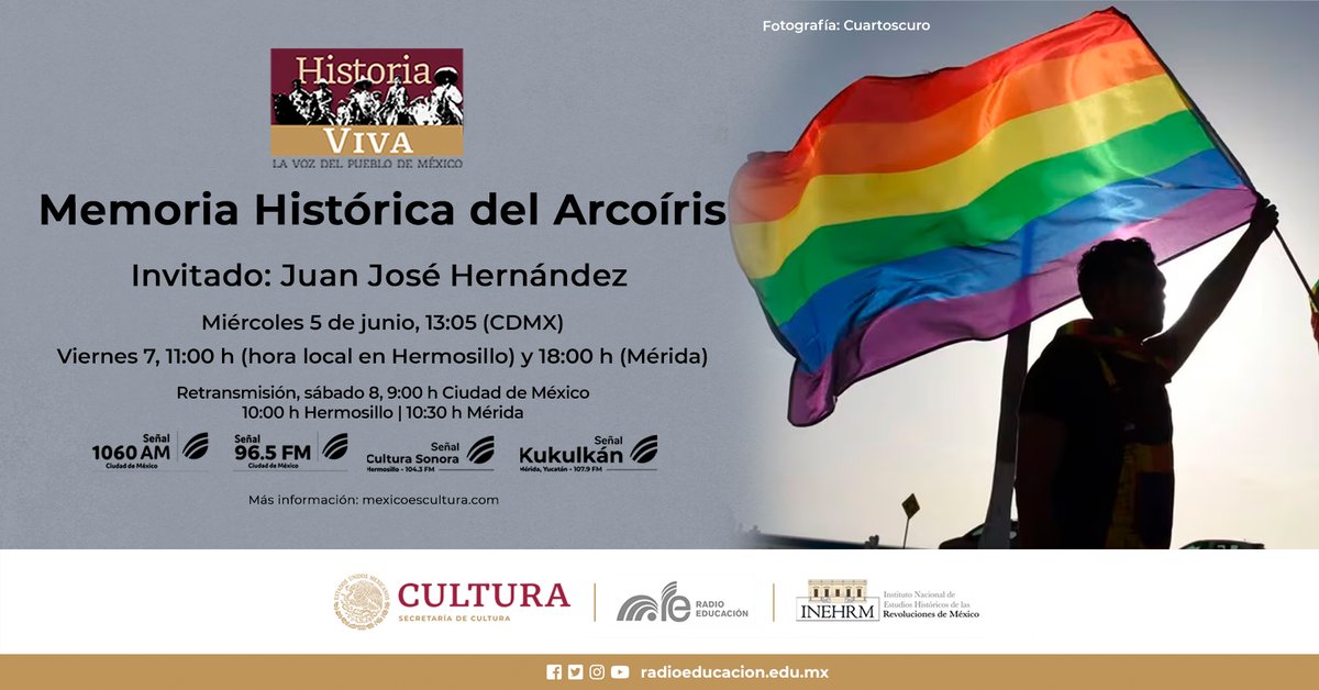 RadioEducacion's tweet photo. Inicia el #MesDelOrgullo en @HistoriaVivaMX con @INEHRM

Recordaremos la historia del movimiento #LGBTIQ+🏳️‍🌈  con uno de sus protagonistas, Juan Jacobo Hernández, cofundador del Frente Homosexual de Acción Revolucionaria ✊🏽
 
⏰Miércoles, 13:05 h
📻@1060amRE y 96.5 FM #CDMX https://t.co/wygfD3f988