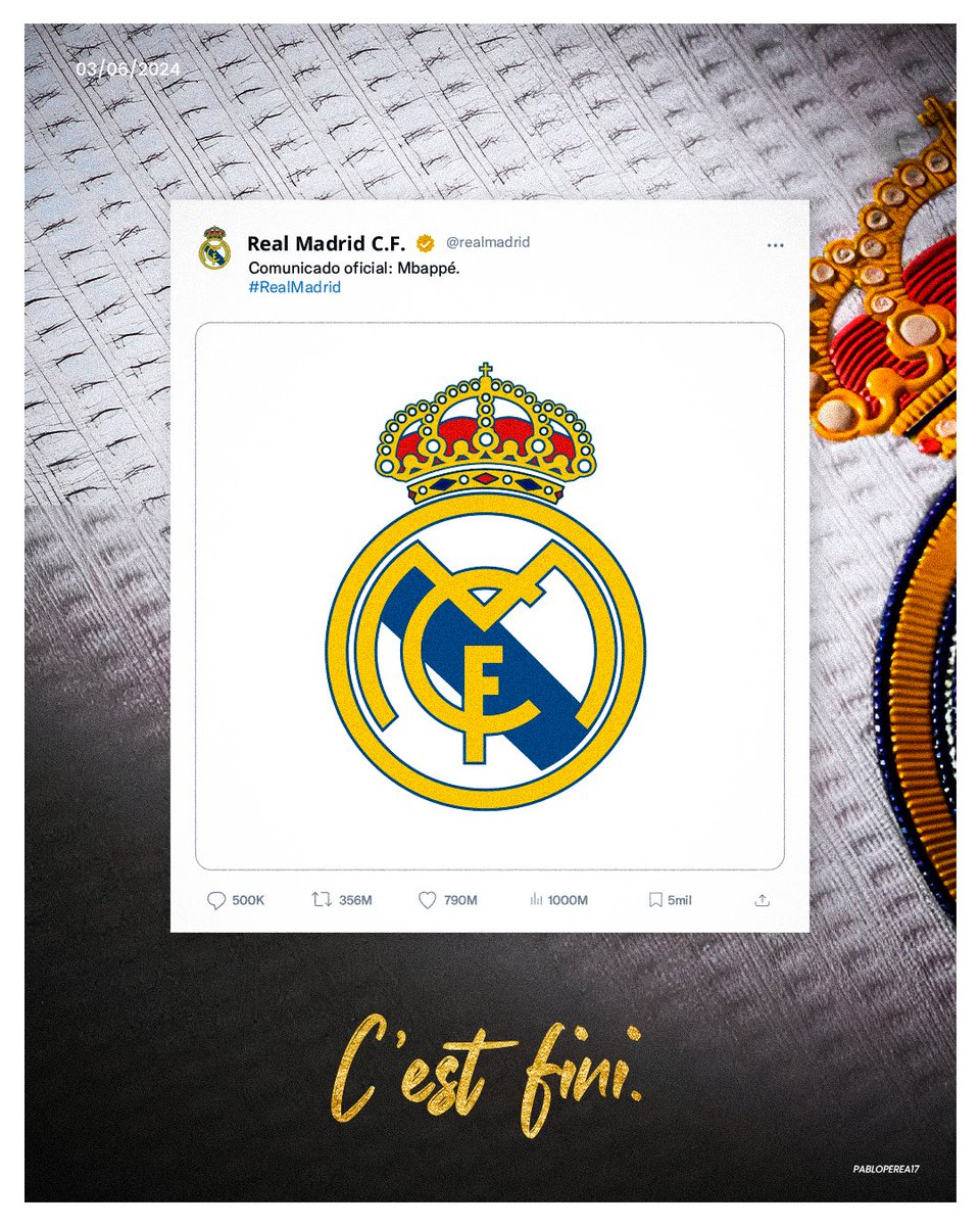 PabloPerea17's tweet photo. C'est fini.

#welcomembappé #Mbappé #REALMADRİD #KylianMbappé https://t.co/pJ4fB8yrFY