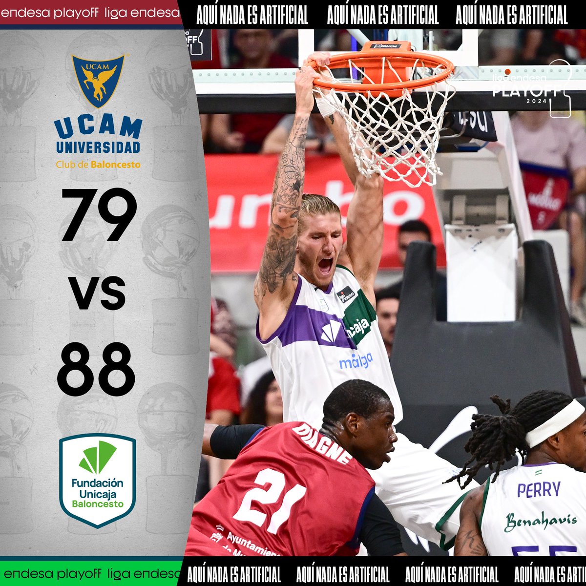 ACBCOM's tweet photo. Unicaja vence a UCAM Murcia, fuerza el quinto partido de la semifinal del #PlayoffLigaEndesa y sigue soñando con una remontada histórica.

7⃣9⃣ @UCAMMurcia 
8⃣8⃣ @unicajaCB 

#ListosParaRomperla https://t.co/50xkxUQkVo