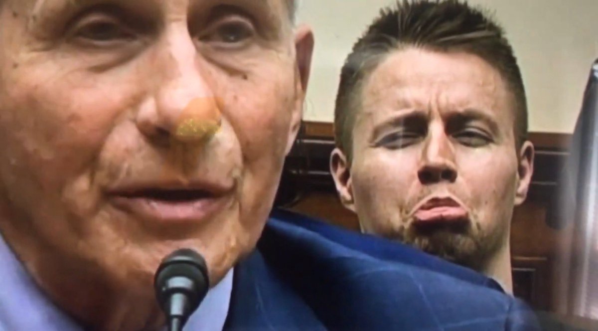 Mollyploofkins's tweet photo. The asshole that was making faces behind Dr. Fauci today is Brandon Fellows, a January 6 rioter that was released from prison on May 20 after serving three years on both felony and misdemeanor charges. https://t.co/W2BxZjz2CK