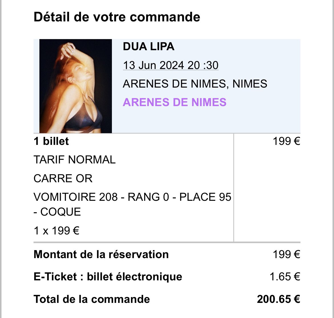 Margauxmess's tweet photo. Vends 1 place en CAT Or pour Dua Lipa aux arènes de Nîmes le jeudi 13 juin à 20h30. #DuaLipa 
Placement assis proche de la scène ! 🙂 https://t.co/qmr5fb5qbu