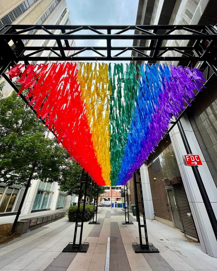 DowntownRaleigh's tweet photo. Get ready for our June @FirstFridayRal double-header 🎨 Our public art installation “Rainbow River” returns to Market Plaza through the end of summer and @Glenwood_South will host an Artist Reception with muralist J Massullo.

Learn more and plan ahead 👇
https://t.co/3EGJQ7MVUq https://t.co/JwkmmRwHtU