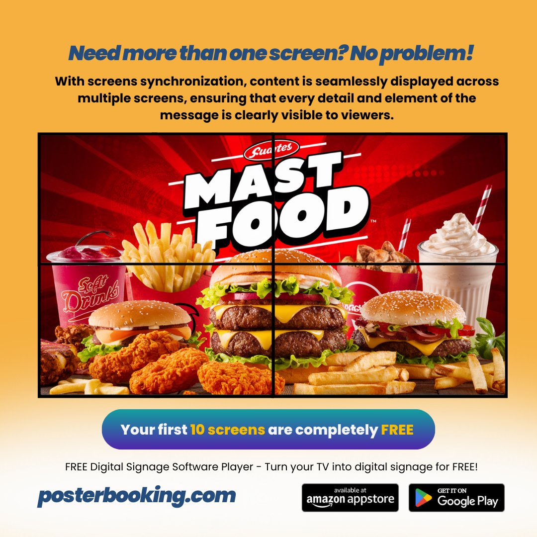 PosterBooking's tweet image. Need more than one screen? No Problem!

With screens synchronization, content is seamlessly displayed across multiple screens.

Grab yourself 10 screens free when you signup today at posterbooking.com

#Posterbooking #DigitalSignage #VisualExcellence #SeamlessDisplay