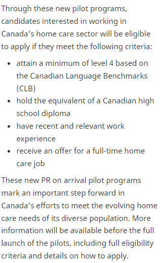 【カナダ永住権ニュース🇨🇦】

新たなケアギバーの試験プログラムが発表されました
canada.ca/en/immigration…

まだ詳細は分かりませんが条件が揃えば、カナダに入国した時点で永住権が取得できるとのこと。
カナダは2024–2026年に1.5万人のケアギバーに永住権を出すと発表しています