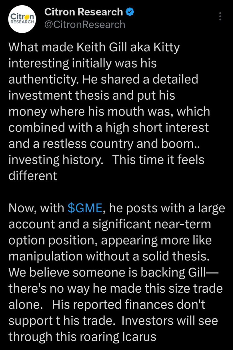 Citron Research agrees something has changed with this size of $GME  position. 👀 @TheRoaringKitty @CitronResearch https://t.co/GQLZH01rc9