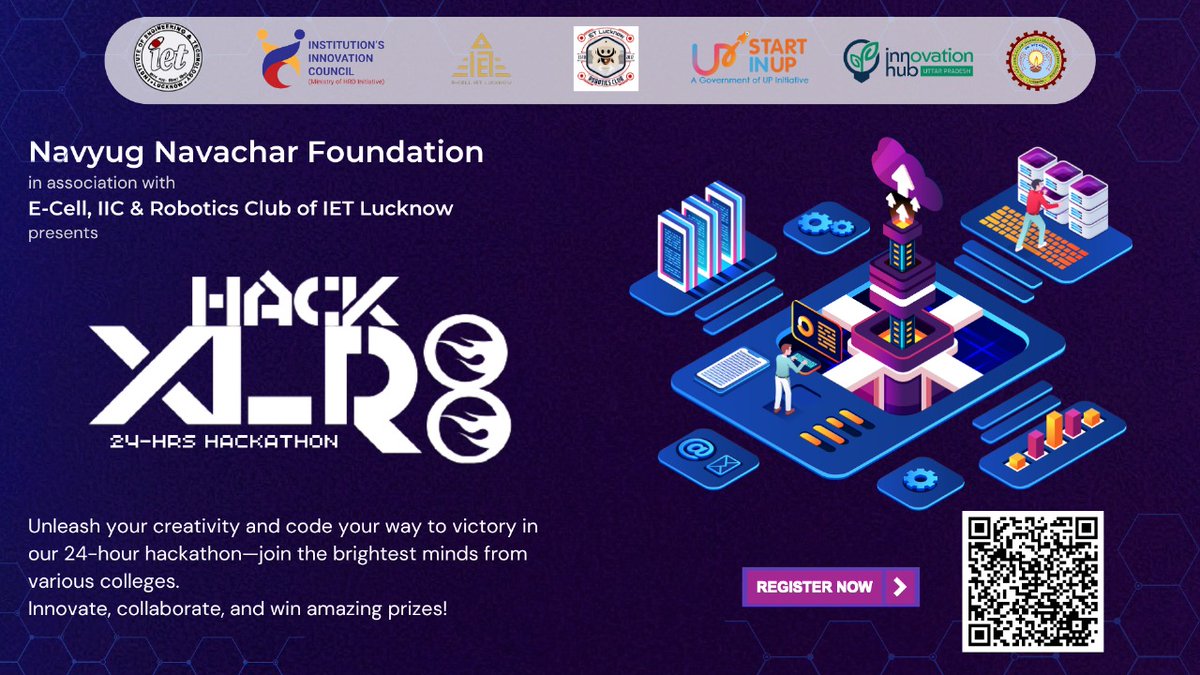 ecell_ietlko's tweet photo. Calling all Coders!
Join #HackXLR8, a 24-hour software hackathon hosted by Navyug Navachar Foundation @iet_lucknow with @iic_ietlucknow @ecell_ietlko & Robotics Club. Don't miss out! βΉ30K prize pool & internship opportunities!
SCAN QR for registration
@Vineetkansal2 https://t.co/otNnbE2xSM