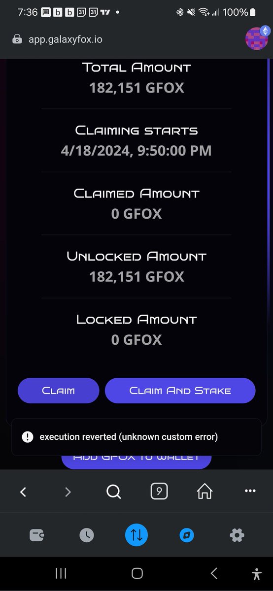 CryptoTechJunky's tweet photo. @GalaxyFoxToken @tomekkappu Is claiming still paused? I cannot get my tokens. See my screenshot for the error. https://t.co/lnwmSlvhal