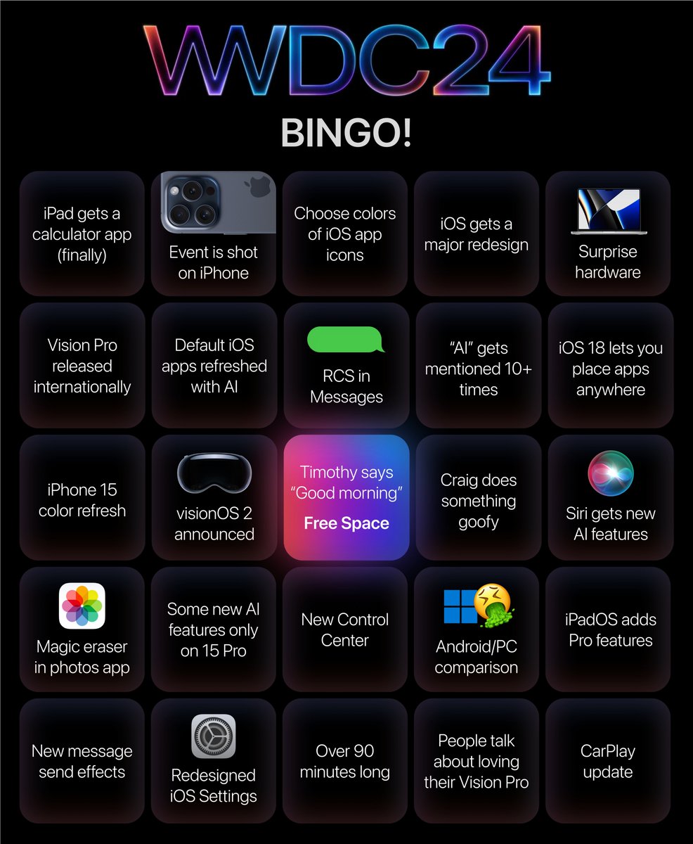 Here's a bingo card for the upcoming #AppleEvent 🍎

Bookmark this tweet to play during the event!