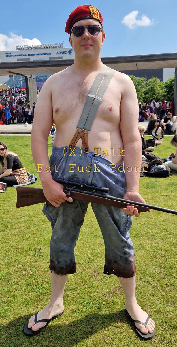 RyanCorder's tweet photo. Lost media no more! I cosplayed @AlChestBreach's legendary Fat Fuck Boone at MCM London recently. Thanks to @rollycoastie for taking the photo and doing a neat little edit! #fallout https://t.co/yJn8LL2Z4x