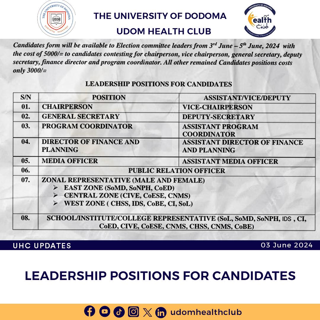 UDOM Health Club Election window is now open. All members who are interested and willing to work for the sake of UHC. You are all welcome.
"Your Health Today is Your Life Tomorrow "
#UHCELECTION2024