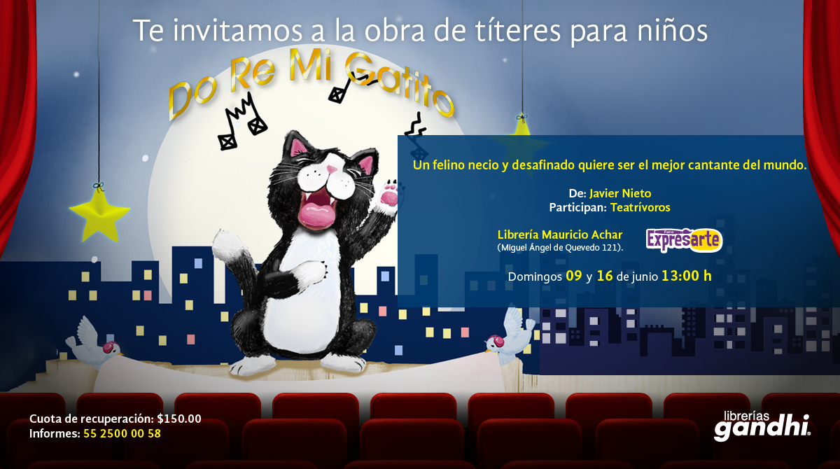 EventosGandhi's tweet photo. 🎭😸🐾Ven a la obra de títeres "Do Re Mi Gatito"
Un felino necio y desafinado quiere ser el mejor cantante del mundo.
Domingos 9 y 16 de junio, 13:00 h, Foro Expresarte de la Librería Mauricio Achar
🎟Cuota de recuperación: $150.00
📞 55 2500 0058
#NosVemosEnGandhi
@teatrivoros https://t.co/z4CK88FbME