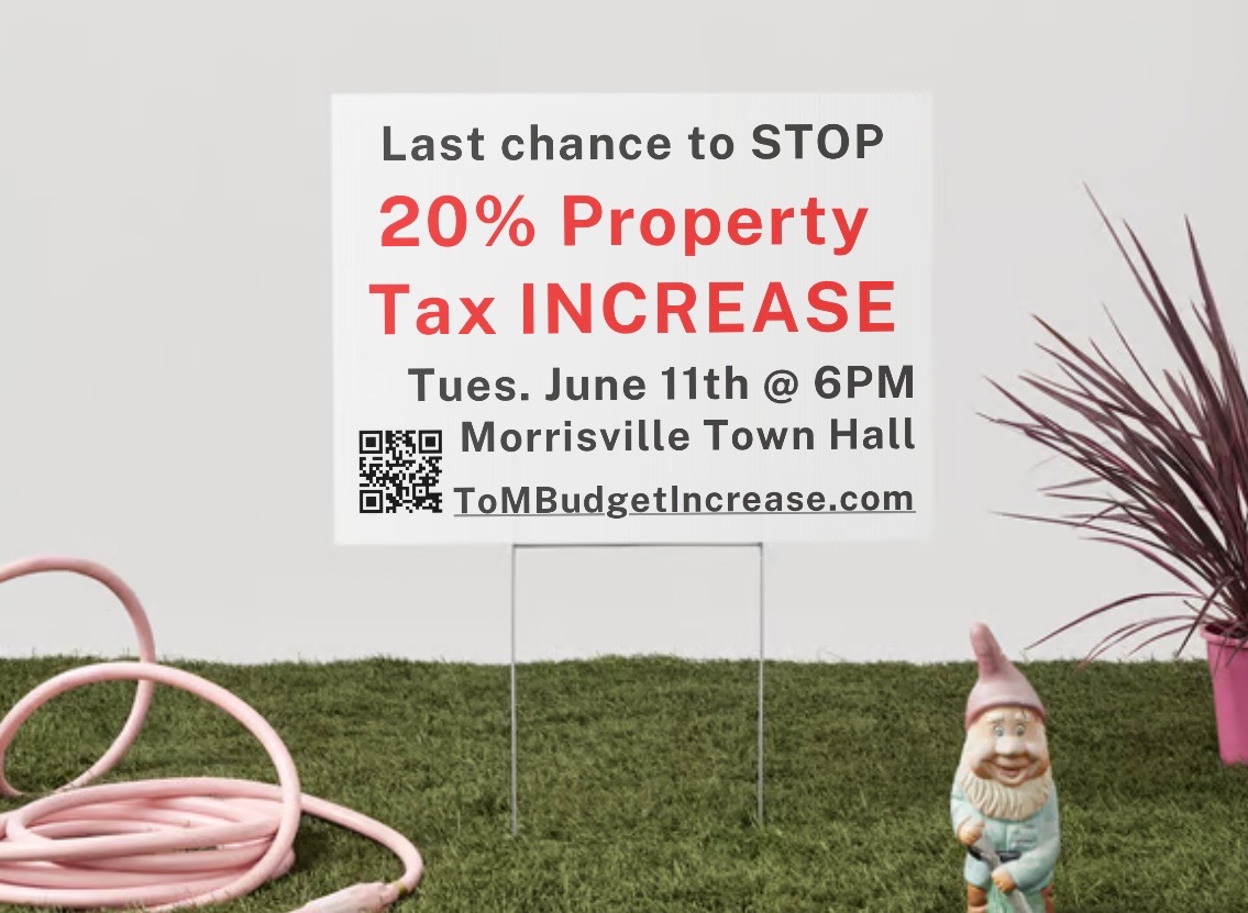 Morrisville property taxes are slated to go up 20% year-over-year.  Instead of adopting a revenue neutral budget post-Wake county revaluation, the town is taking a different approach theming the increase  "Investing in Morrisville." See ToMBudgetIncrease.com <a href="/WRAL/">WRAL NEWS in NC</a> <a href="/ABC11_WTVD/">ABC11 EyewitnessNews</a>