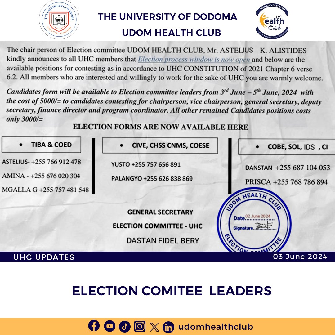 Zoezi la kuchukua form za kugombea nafazi mbalimbali linaendelea. Karibuni Sana.  Wasiliana na Namba zilizopo hapo kwenye poster kwaajili ya kuweza kupata form yako.
"Your Health Today is Your Life Tomorrow "
#UHCELECTION2024