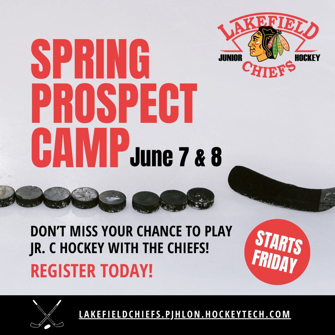 Lakefield Chiefs (@chiefs_jrc) on Twitter photo LAST CHANCE TO REGISTER! The Lakefield Chiefs invite athletes born between 2003 - 2008 to their Spring Prospect Camp this weekend. Last year's players also need to register if they plan to attend. Info and online registration is available on our website: lakefieldchiefs.pjhlon.hockeytech.com/lakefield-chie… LAST CHANCE TO REGISTER! The Lakefield Chiefs invite athletes born between 2003 - 2008 to their Spring Prospect Camp this weekend. Last year's players also need to register if they plan to attend. Info and online registration is available on our website: lakefieldchiefs.pjhlon.hockeytech.com/lakefield-chie…