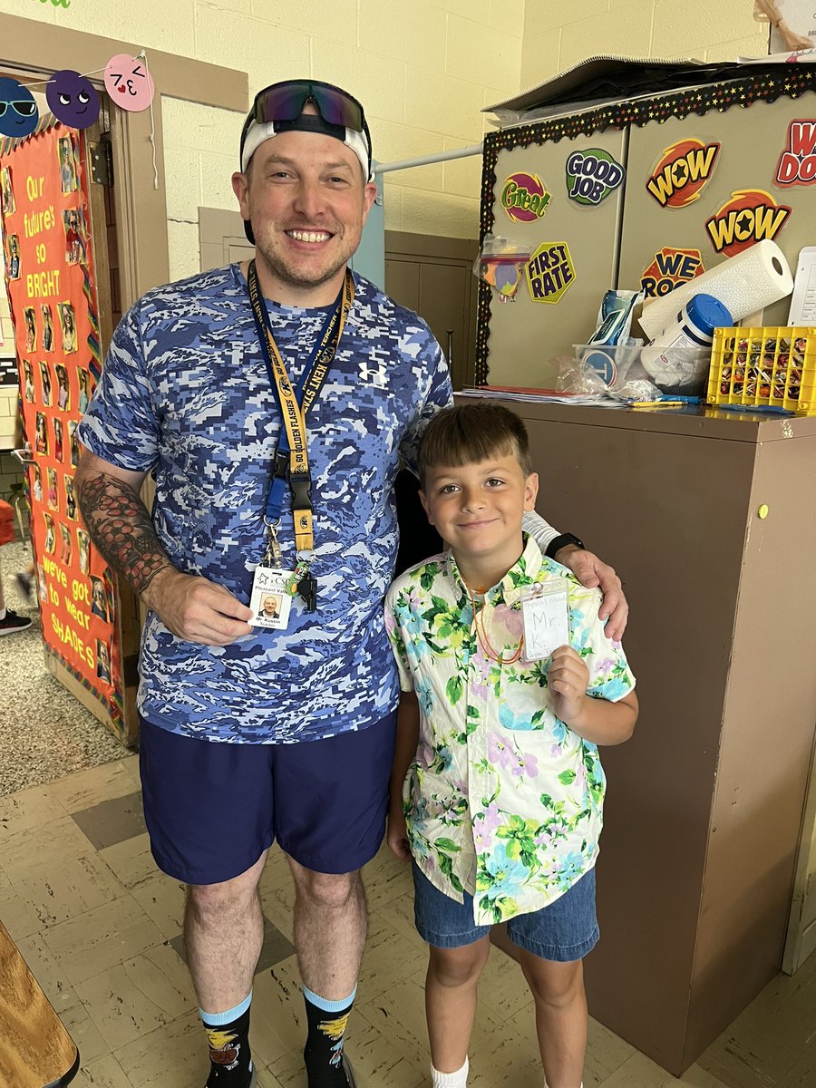 Dress like a Teacher/Student Day today and these guys nailed the Mr. K. look today, even down to the name badge and whistle! <a href="/PCSDpleasantval/">PCSD Pleasant Valley</a>