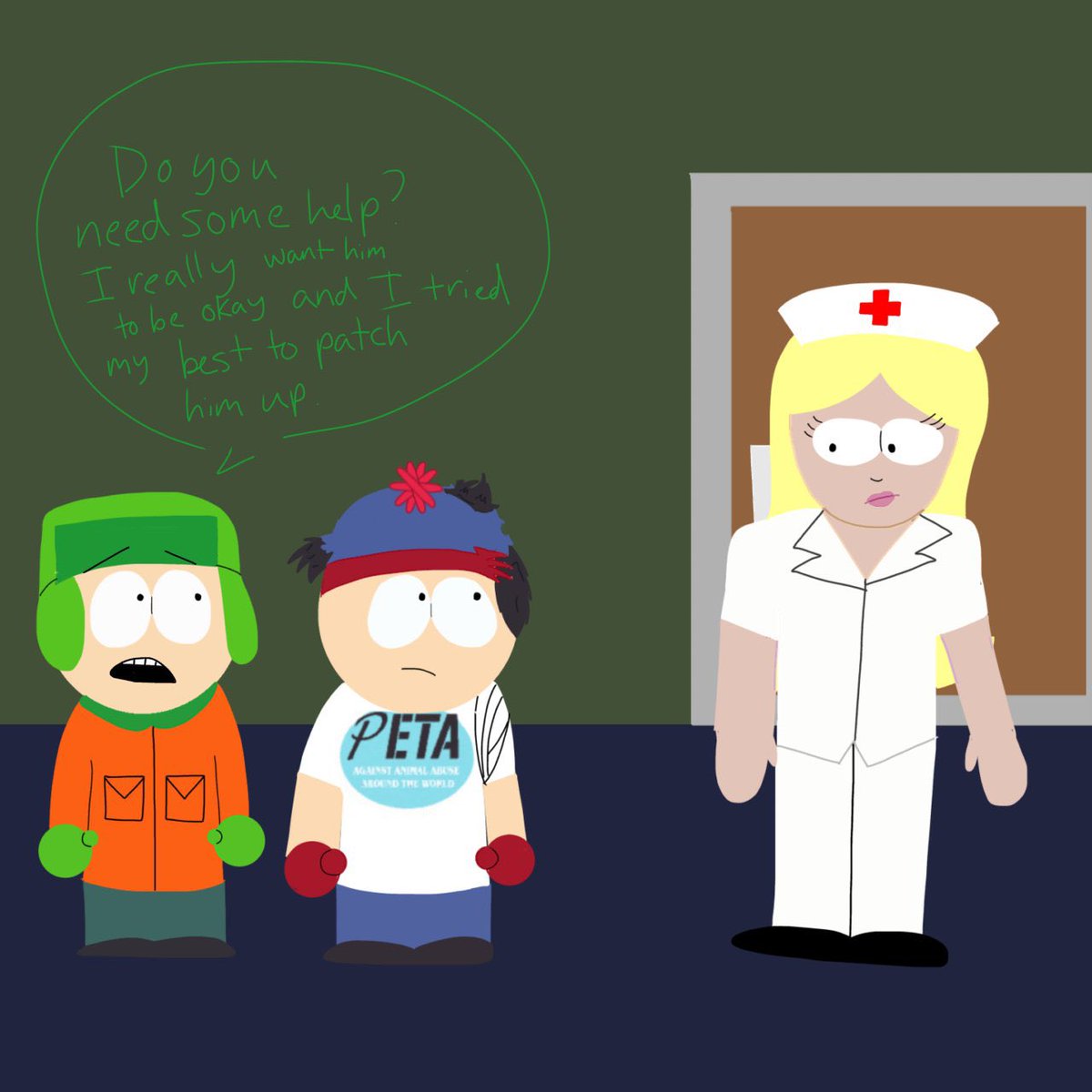 scarbrain9268's tweet photo. @FourthGradeJew walks @StanleyMar14719 to a nurse and asks her to check him out. Credit goes to @rose_wrecker. #spstyle #style #stanandkyle #peta #doucheandturd #giantdoucheandturdsandwich #southpark #southparkfanart #stanmarshandkylebroflovski https://t.co/DJKIZUmyq3