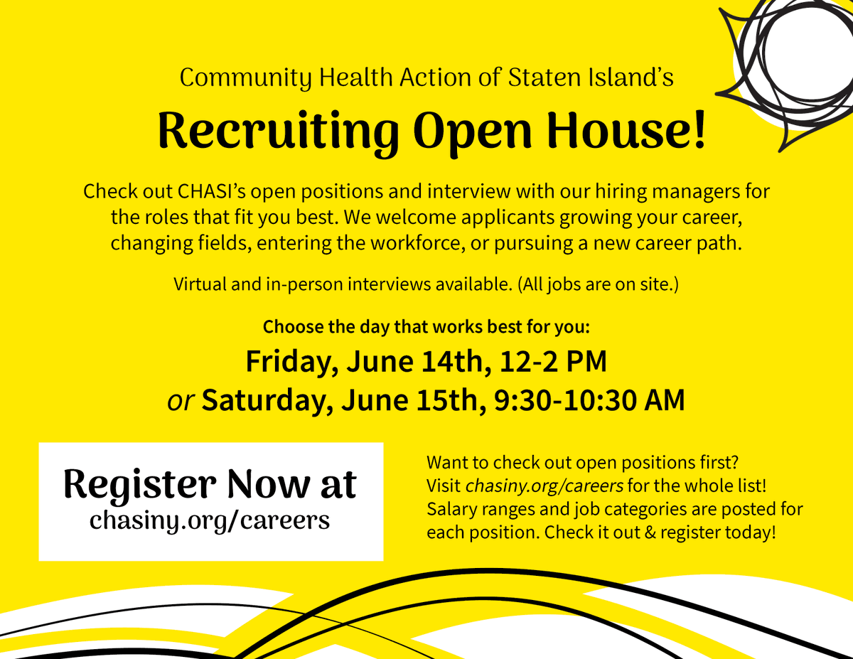 CHASI is hiring!  Help drive dramatic improvements in the health of Staten Islanders. Learn more at chasiny.org/careers and sign up today for the upcoming open house. CHASI benefits include generous PTO, med/dental, employer-matched 403(b) ret., life insurance, and more!