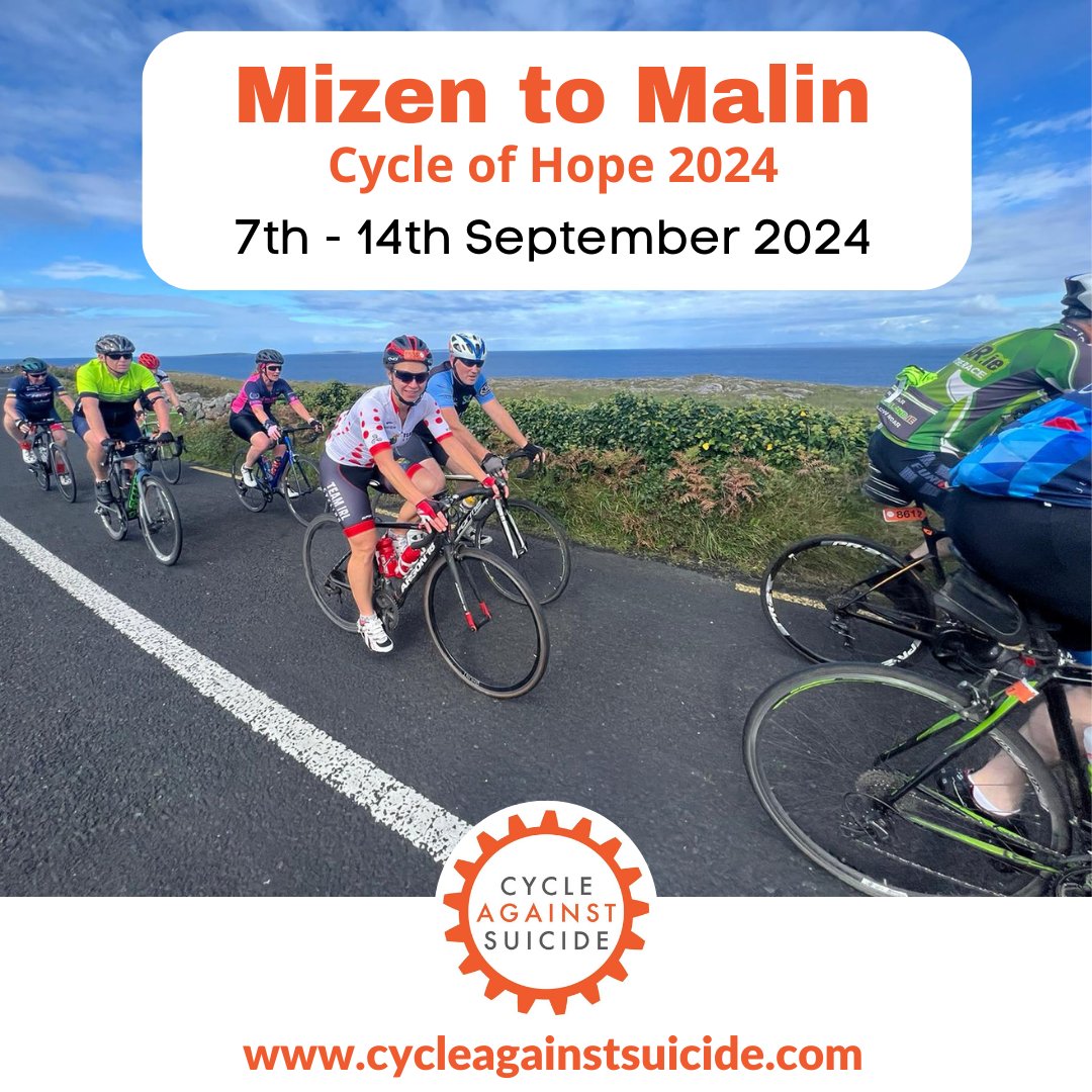 By joining our Mizen to Malin challenge for World Suicide Prevention Day and Month, you are amplifying the message that suicide is preventable. 

Get in touch for more info or register now:
cycleagainstsuicide.com/event/mizen-to…

#CycleAgainstSuicide #ItsOkNotToBeOk #MizenToMalin #Ireland