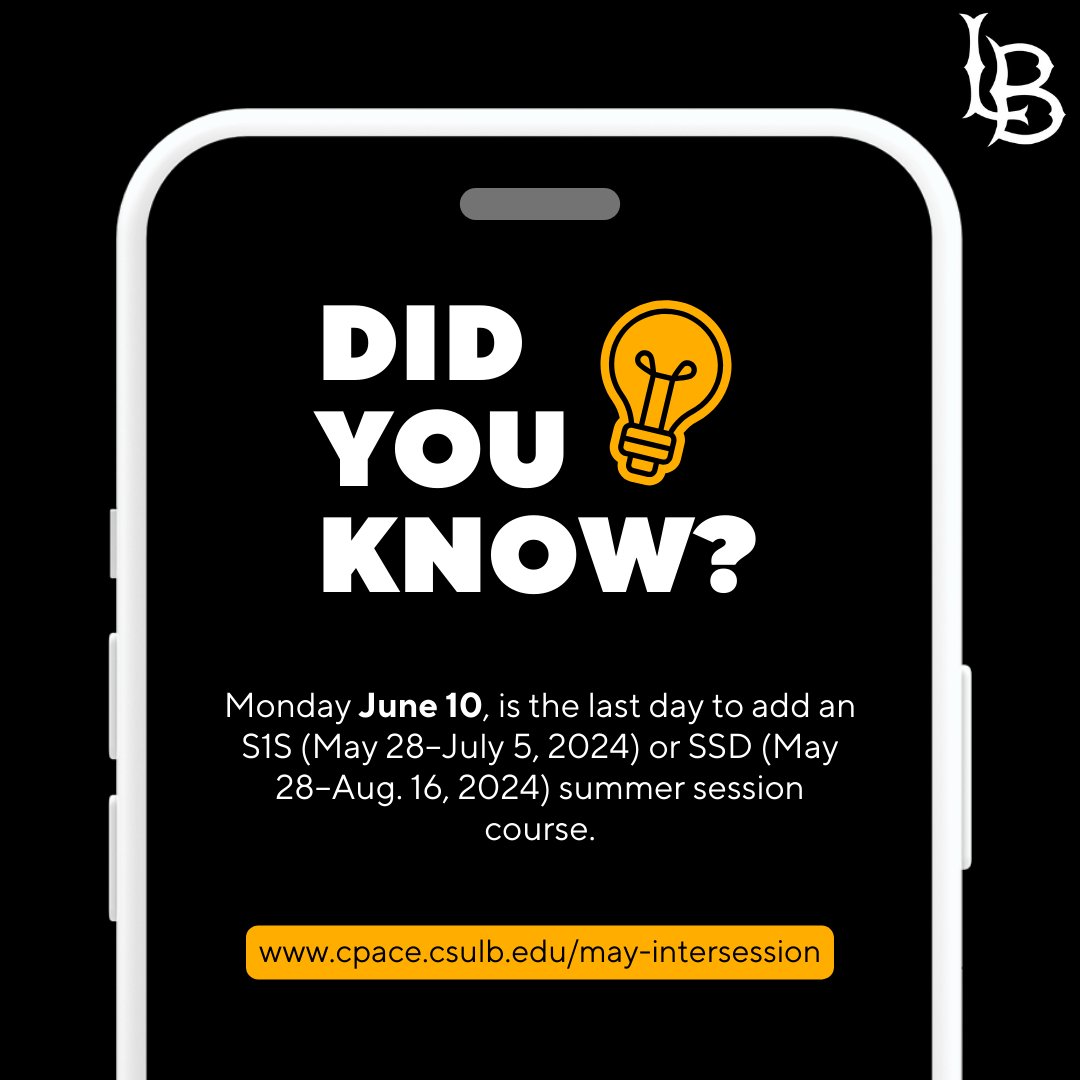 CSULBInterSessn's tweet photo. Do you want to take a summer course for credit? Don't forget to enroll by June 10 to secure your spot! Visit https://t.co/6VzmxbxL7Y for more info and schedule of classes. 😎
@csulongbeach
#csulbintersessions #gobeach #csulb https://t.co/cfCBp06bCX