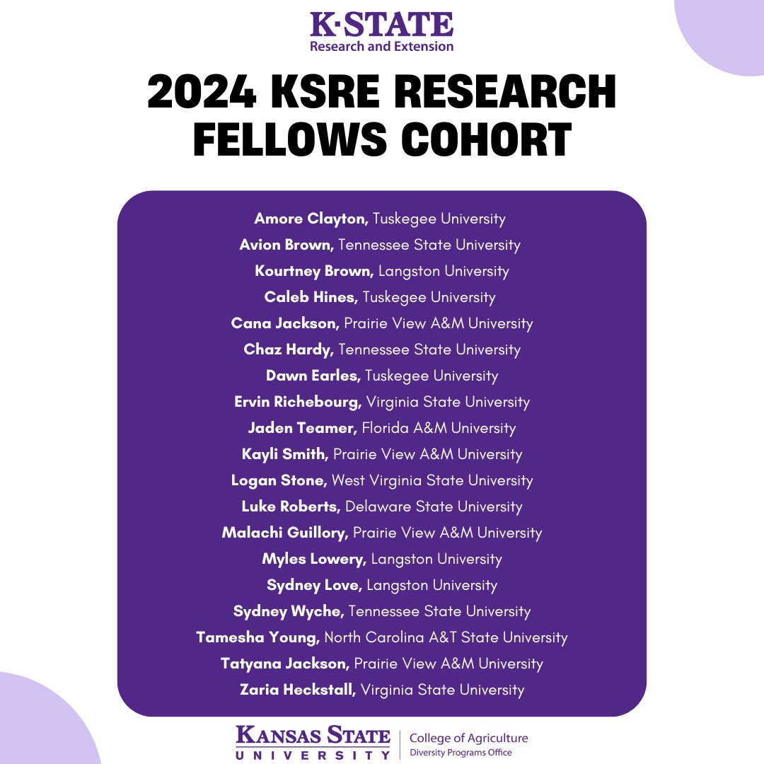 Join us in welcoming our 2024 KSRE summer fellows. This summer we are excited to host 19 students from 9 different universities. Keep an eye out for more information and pictures about what the fellows are up to this summer! 💜✨
#DiversityProgramsOffice #KSRE