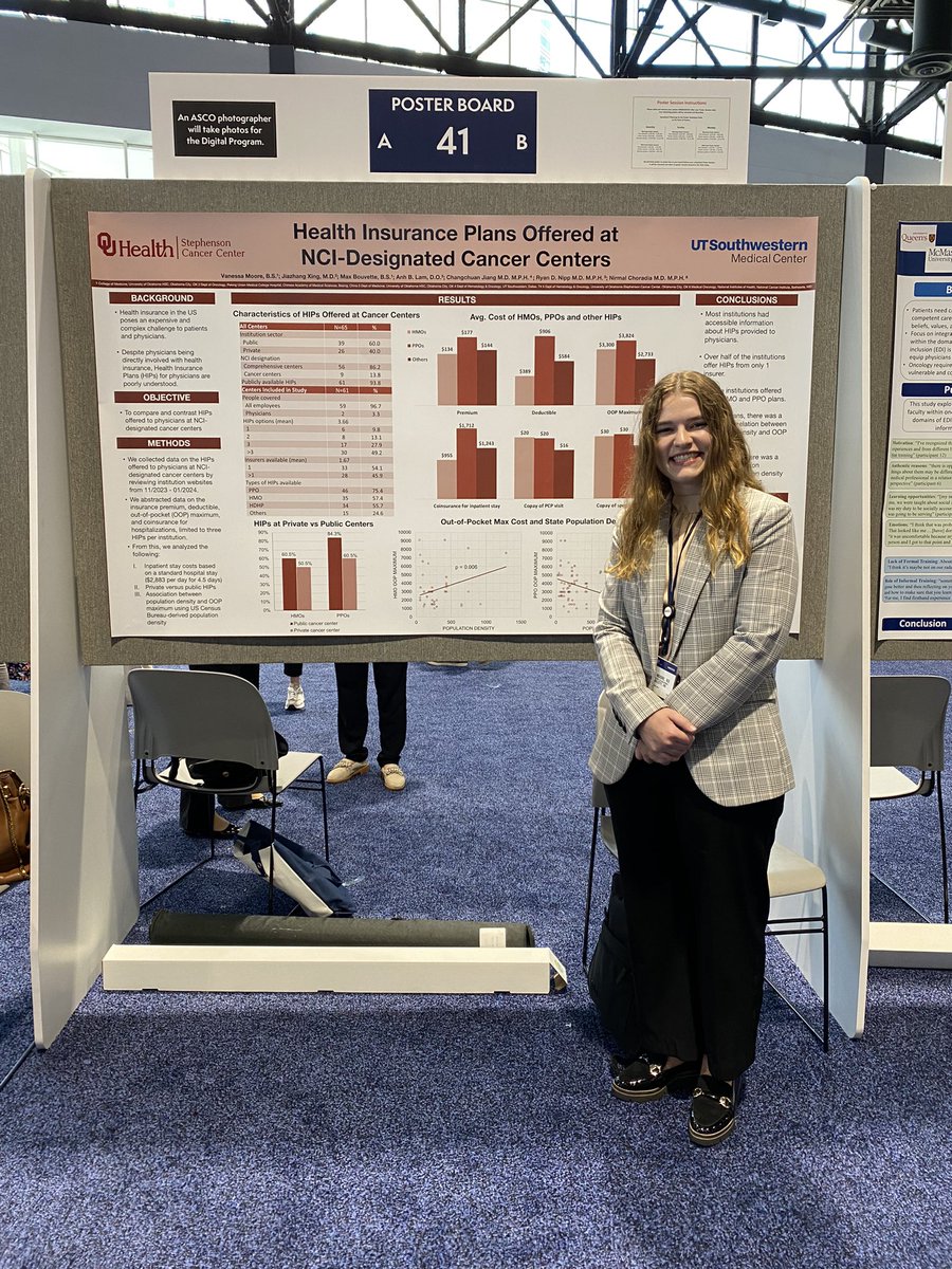 Extremely proud of this ⭐️ student Dr @vmoore_med presenting her work on health insurance plans offered to employees at NCI-Designated cancer centers at #ASCO24!! @RyanNipp @OUResearch @CharlesJiangMD @JiazhangXing