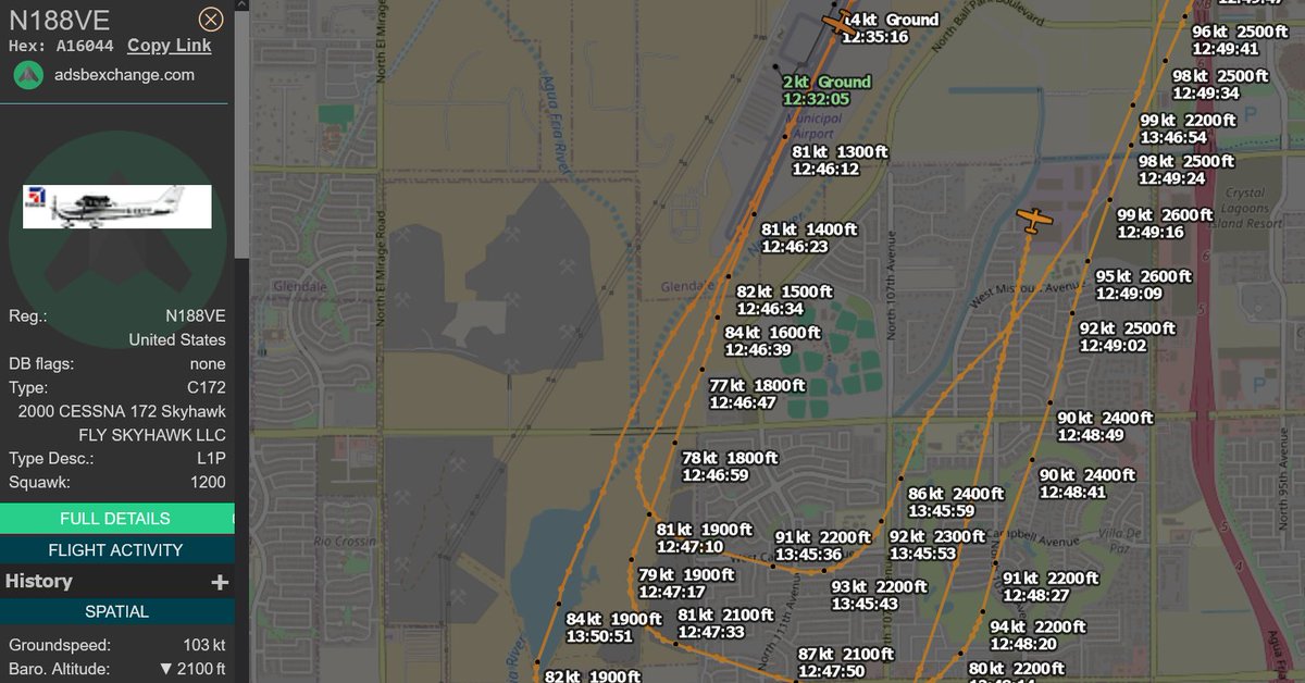 MarkChagalt's tweet photo. @FAANews @SecretaryPete @GlendaleAZ After KGEU and Tail#s like N188VE were told to stop buzzing, zooming, and circling homes and schools with unreasonable noise- pilots are at it again.

Their speed is for 4400ft, not 2200ft.

When will KGEU get fined and shut down?
@CityofPhoenixAZ
#help
#noise
#danger
#NewsLead https://t.co/tmuPOqEfoz