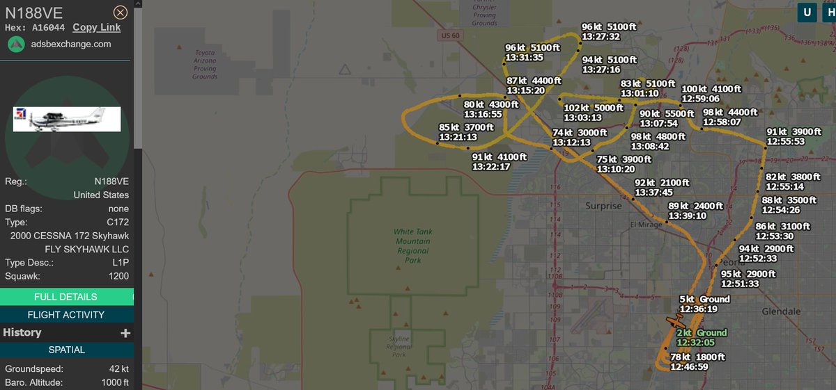 MarkChagalt's tweet photo. @FAANews @SecretaryPete @GlendaleAZ After KGEU and Tail#s like N188VE were told to stop buzzing, zooming, and circling homes and schools with unreasonable noise- pilots are at it again.

Their speed is for 4400ft, not 2200ft.

When will KGEU get fined and shut down?
@CityofPhoenixAZ
#help
#noise
#danger
#NewsLead https://t.co/tmuPOqEfoz