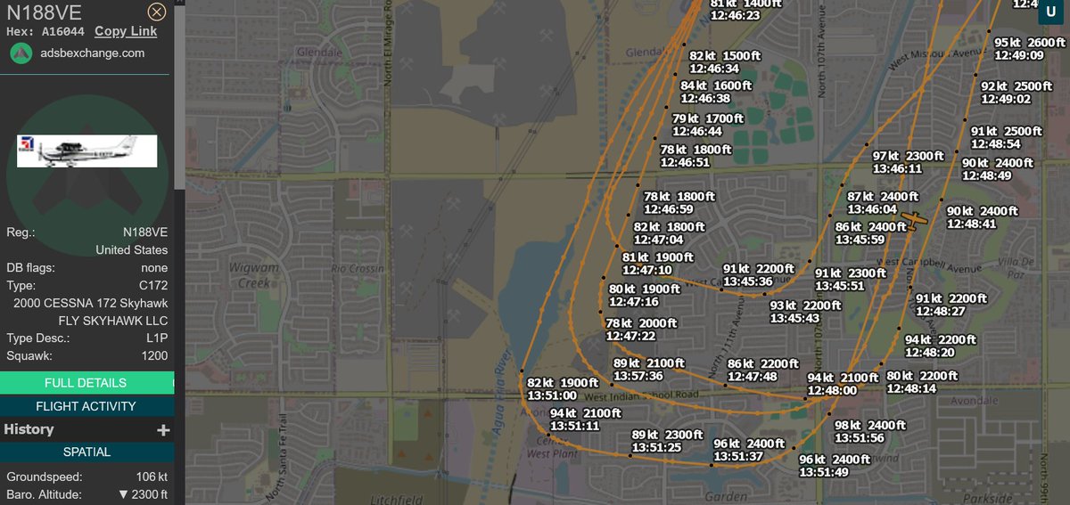 MarkChagalt's tweet photo. @FAANews @SecretaryPete @GlendaleAZ After KGEU and Tail#s like N188VE were told to stop buzzing, zooming, and circling homes and schools with unreasonable noise- pilots are at it again.

Their speed is for 4400ft, not 2200ft.

When will KGEU get fined and shut down?
@CityofPhoenixAZ
#help
#noise
#danger
#NewsLead https://t.co/tmuPOqEfoz