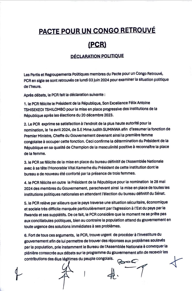 BussaGael's tweet photo. #RDC Lundi 03 Juin 2024:
DÉCLARATION POLITIQUE du:
PACTE POUR UN CONGO RETROUVÉ (PCR) 

…tout en comprenant les observations des uns et des autres, le PCR prie instamment tous les partenaires politiques à mettre l'intérêt supérieur de la Nation au cœur de leurs préoccupations.
#USN #PCR #CODE #UNC #CDER