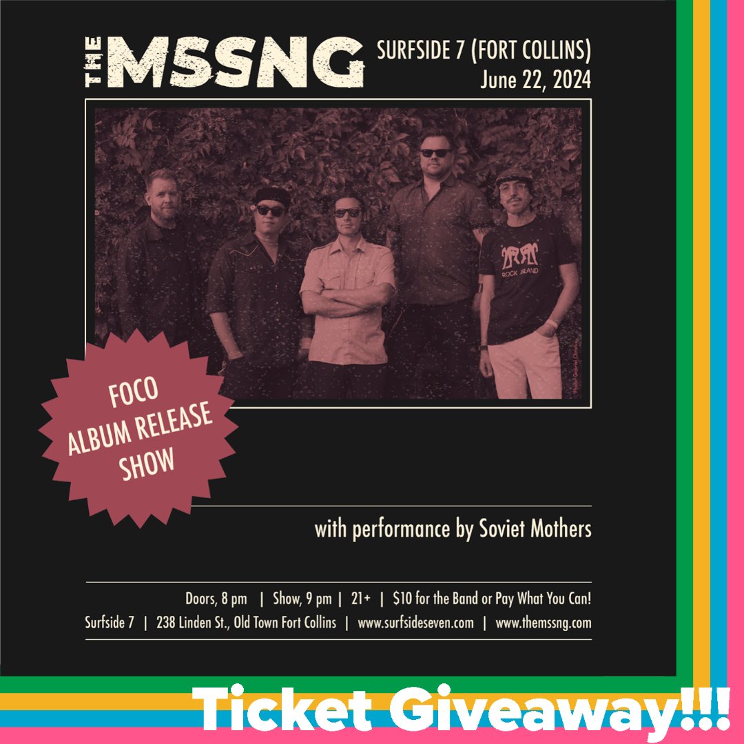 90.5 KCSU (@kcsufm) on Twitter photo KCSU Ticket Giveaway for @TheMssng album release show this June 22 at Surfside 7 with support from <a href="/SovietMothers/">Soviet Mothers</a> !!
Doors open 8pm, show is at 9pm. ONLY 2️⃣ pairs of tickets are available!!!
For your chance to win a pair of tickets to the show, text MSSNG to (970) 538-5278 !!! KCSU Ticket Giveaway for @TheMssng album release show this June 22 at Surfside 7 with support from <a href="/SovietMothers/">Soviet Mothers</a> !!
Doors open 8pm, show is at 9pm. ONLY 2️⃣ pairs of tickets are available!!!
For your chance to win a pair of tickets to the show, text MSSNG to (970) 538-5278 !!!