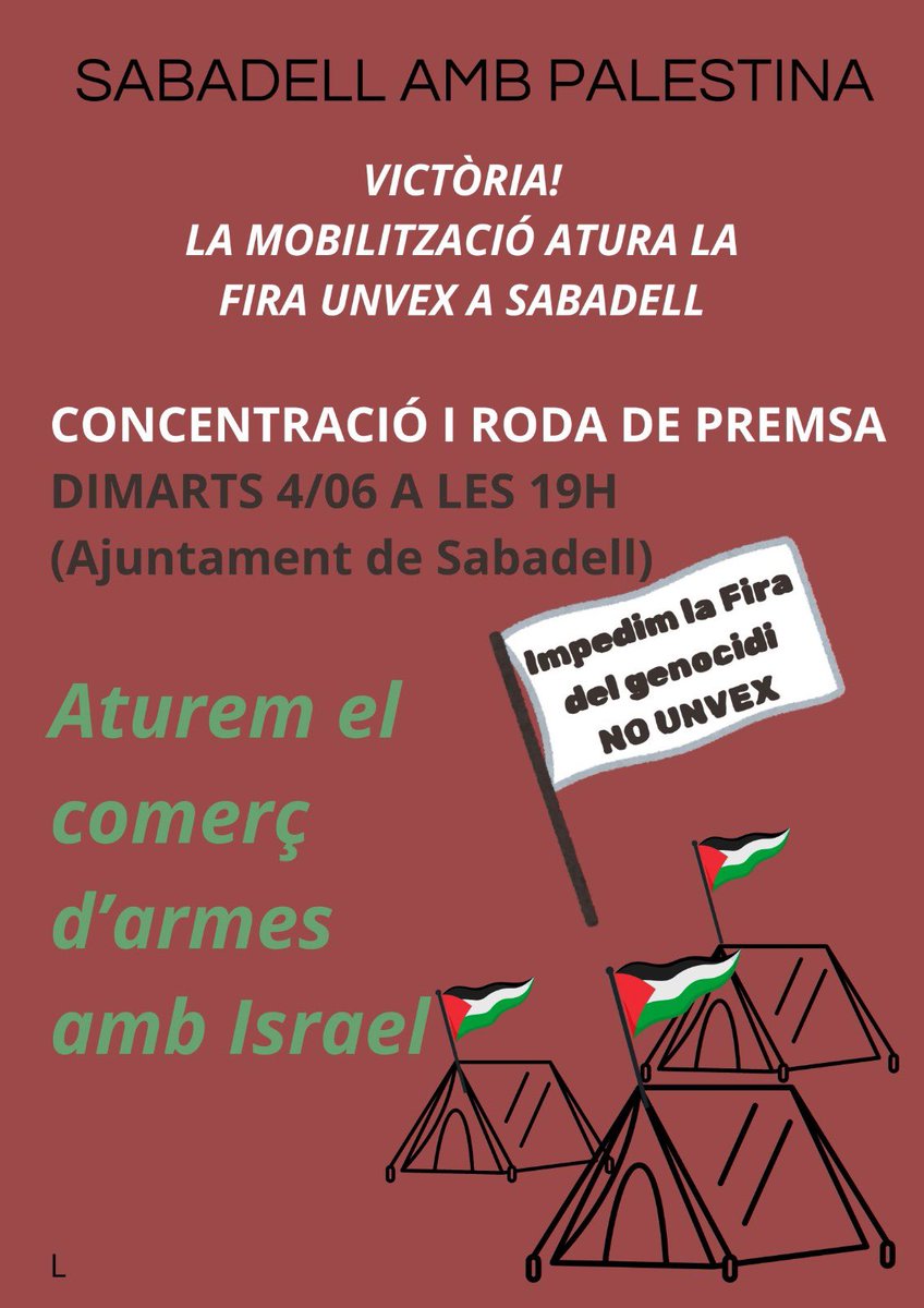 📢 Victòria de Sabadell amb Palestina🇵🇸

La pressió social ha aconseguit que les activitats d'<a href="/unvex_/">UNVEX'24</a> que s'havien de dur a terme a la ciutat s'anul•lin. 

Una passa➕per trencar la complicitat amb Israel i no donar-li espai a casa nostra.

📍 Demà davant de l'<a href="/Aj_Sabadell/">Ajuntament Sabadell</a> (19h)