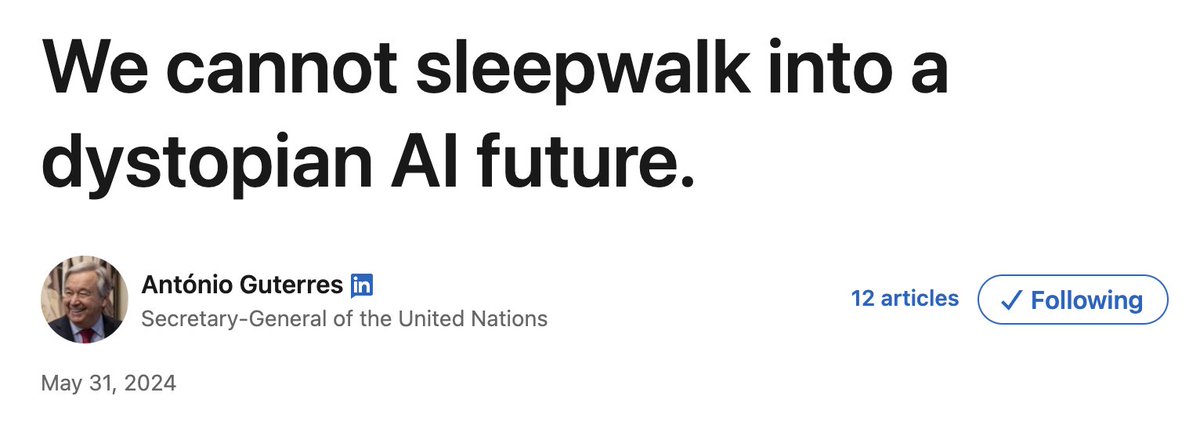 'We need rules, safety, and universal guardrails. How we act now will define our era.' 📢 @UN Secretary-General @antonioguterres is calling for 'innovative and inclusive global governance tools for AI', to help foster safe AI innovation while addressing its ongoing harms and