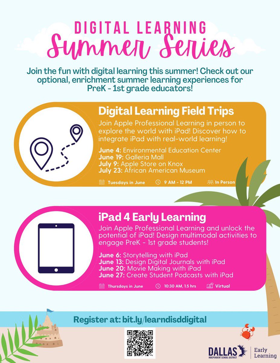 Digital Learning in Early Learning (@digitaldisd) on Twitter photo CALLING PREK-1 TEACHERS: Summer learning with iPad begins this week! 🏝️ Join us on Tuesdays for field trips 🚌 and Thursdays on Zoom 💻 to learn how to integrate iPad in Early Learning! Register for enrichment PD at bit.ly/learndisddigit… ✨ <a href="/CrisJackson23/">Cristal Jackson</a> @MurilloDebbie1 CALLING PREK-1 TEACHERS: Summer learning with iPad begins this week! 🏝️ Join us on Tuesdays for field trips 🚌 and Thursdays on Zoom 💻 to learn how to integrate iPad in Early Learning! Register for enrichment PD at bit.ly/learndisddigit… ✨ <a href="/CrisJackson23/">Cristal Jackson</a> @MurilloDebbie1