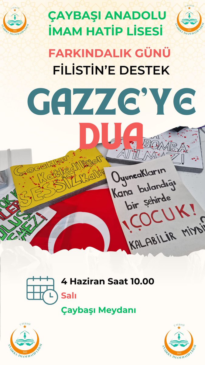 Çaybaşı Anadolu İmam Hatip Lisesi olarak Filistin’e destek farkındalık günü Gazze’ye dua için Çaybaşı meydanına davetlisiniz.