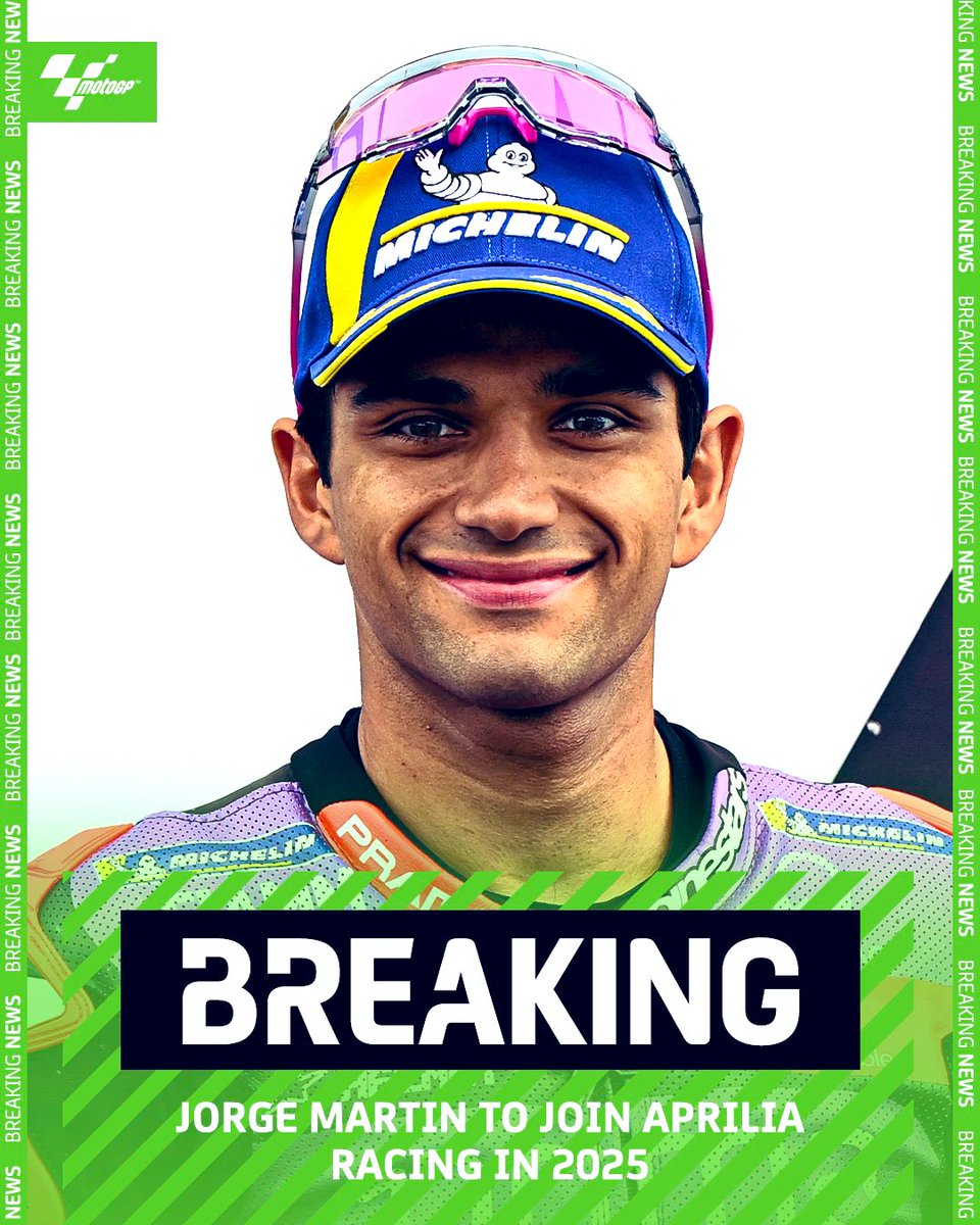 R_BastidasMora's tweet photo. . @ApriliaOfficial anunció hoy que el español, @88jorgemartin , será nuevo piloto del equipo a partir de la temporada 2025 de @MotoGP .

Martín ocupará el asiento que dejará Aleix Espargaró, terminando así el tiempo con Prima Pramac de Ducati del subcampeón mundial. https://t.co/JwvdbPw2Ld