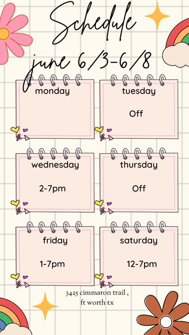 The rest of this week schedule 🩷  Instead of Wednesday I&rsquo;ll be there Thursday! Sorry guys! https://t<a href="/tag/onmfc"class="tags"><span>#onmfc</span></a>