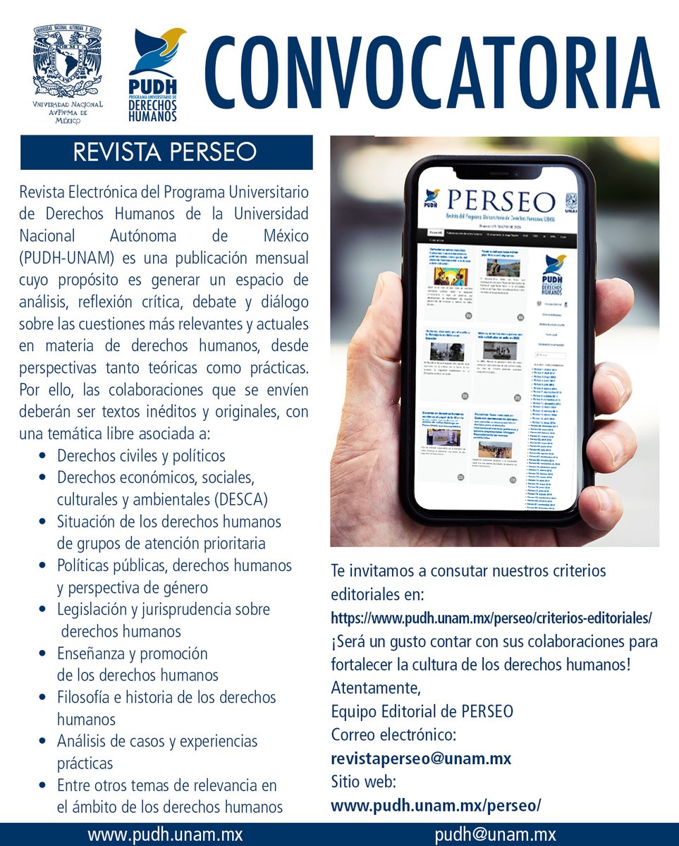 PUDHUNAM's tweet photo. 🫵🏼 ¿Estás interesad@ en el estudio y promoción de los derechos humanos? 🌍✨
‍➡️ ¡Nos encantaría contar con tus colaboraciones! 📚
Escribe con nosotros en Perseo. Revista Electrónica del Programa Universitario de Derechos Humanos de la UNAM. 
 https://t.co/e16jZQAjPg
#PUDH  #UNAM https://t.co/QVNtKGIExJ